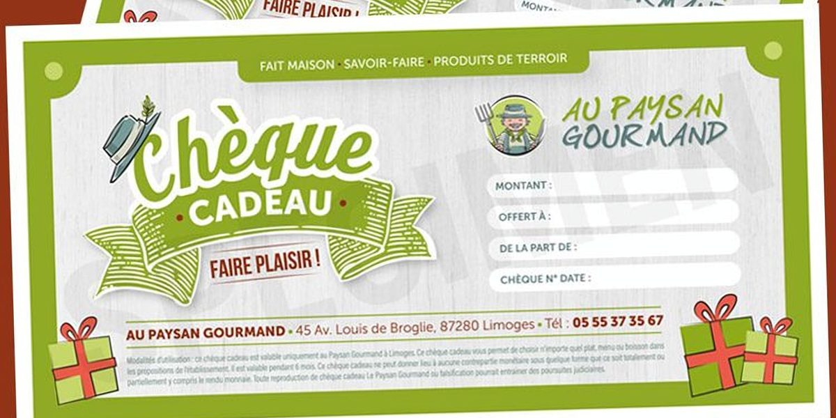 Le chèque cadeau du restaurant Au Paysan Gourmand, avec le montant, le nom de la personne à qui il est offert et celui de la personne qui l'offre