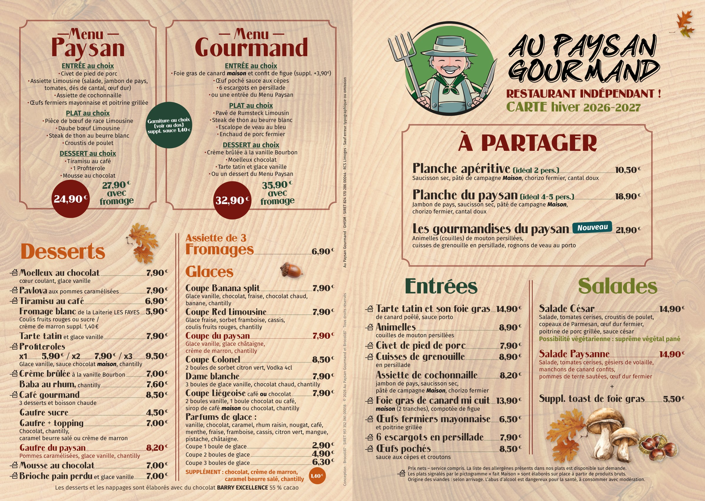 La carte d'hiver du restaurant : menus Paysan et Gourmand, planches à partager, desserts