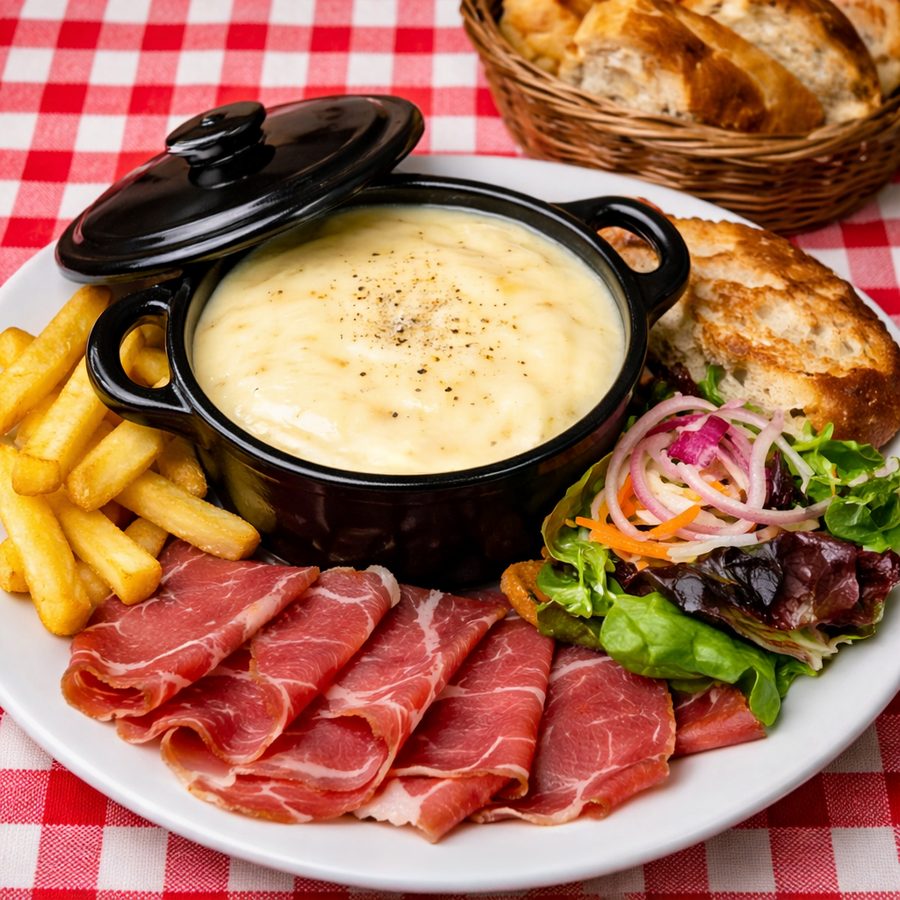 Le fondu creusois dans sa cocotte, avec frites, charcuterie, salade et pain grillé