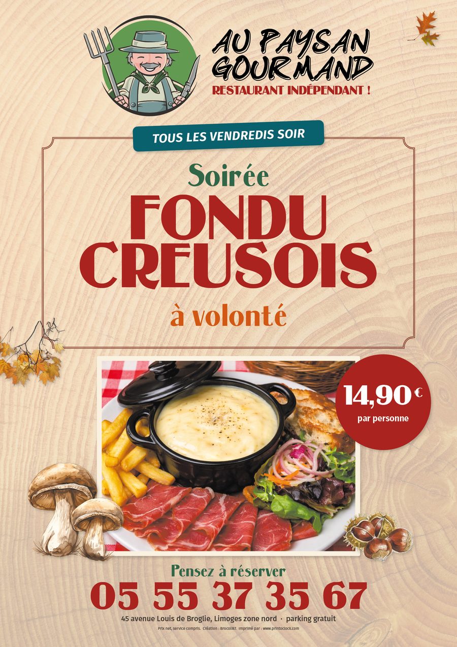 L'affiche de la soirée fondu creusois : tous les vendredis soir, à volonté, 14,90 € par personne