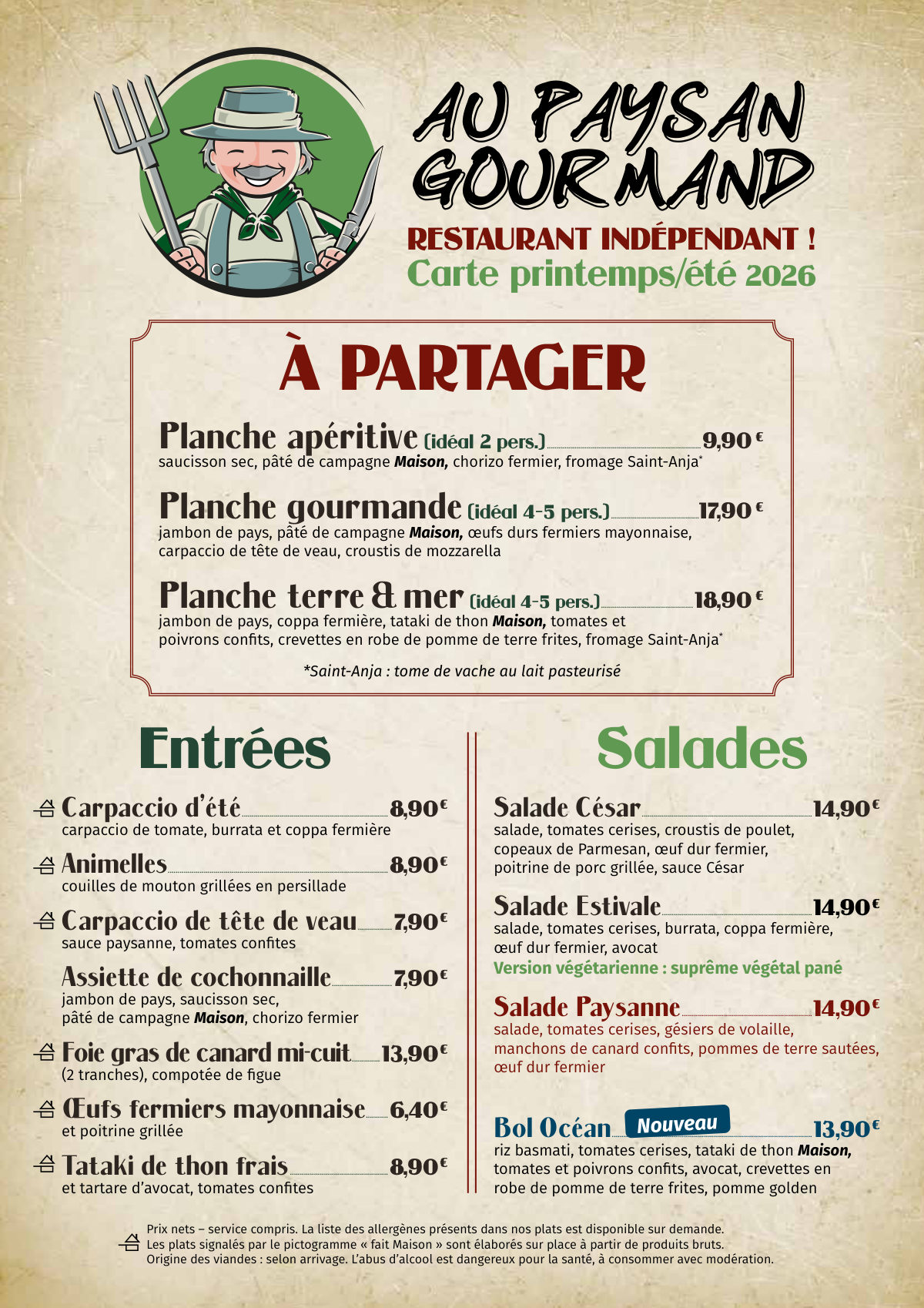 La carte du printemps et de l'été 2026, première page : planches à partager, entrées et salades