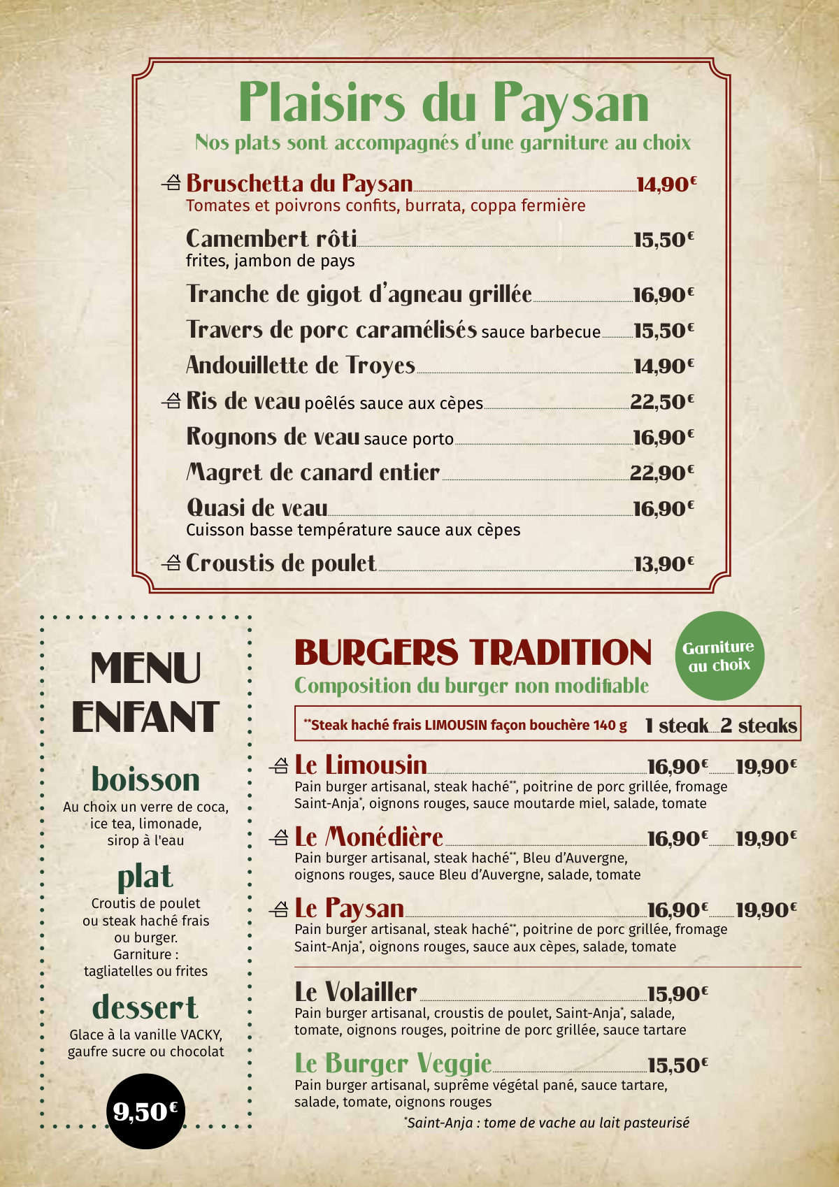 La carte du printemps et de l'été 2026, deuxième page : plaisirs du Paysan, menu enfant et burgers tradition