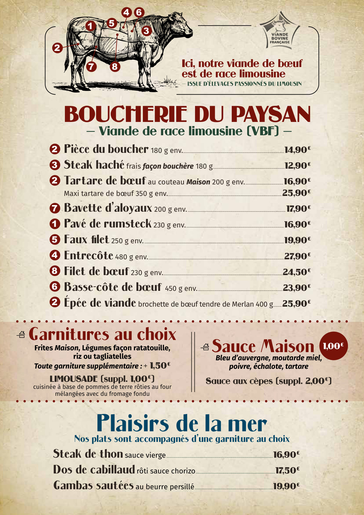 La carte du printemps et de l'été 2026, troisième page : boucherie du Paysan, garnitures, sauces et plaisirs de la mer