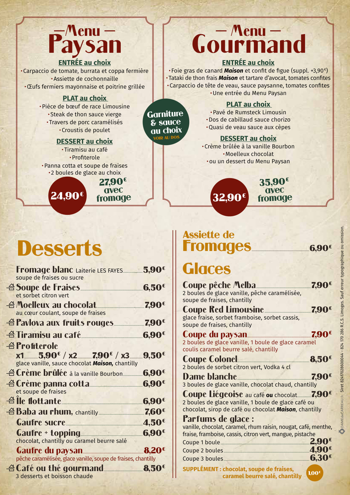 La carte du printemps et de l'été 2026, quatrième page : menus Paysan et Gourmand, desserts, fromages et glaces