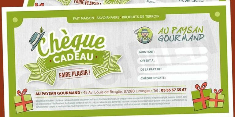 Le chèque cadeau du restaurant Au Paysan Gourmand, avec le montant, le nom de la personne à qui il est offert et celui de la personne qui l'offre